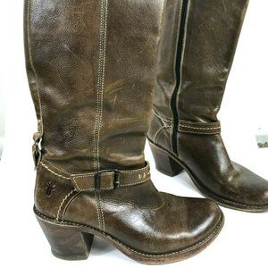 Frye Leather Harness Knee High Stacked Heeled Boot